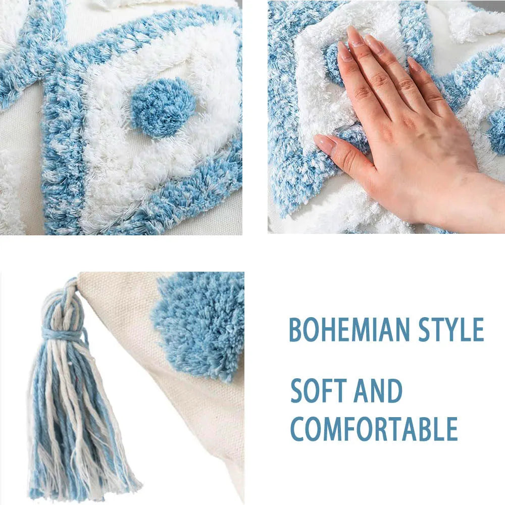 Housse de Coussin Lombaire Bohème - Losanges Bleu et Blanc