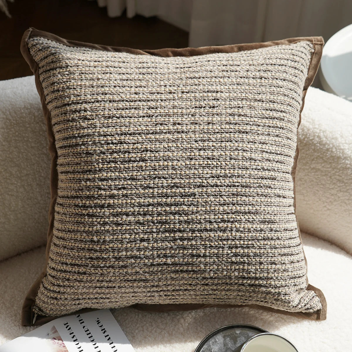 Housse de Coussin Cuir Tissé Brun Maillard Style Boho Vintage