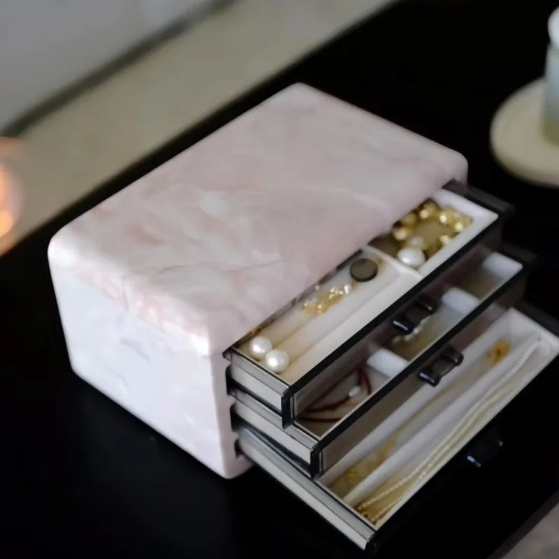 Boîte de Rangement en Marbre Onyx Rose Crème - 3 Niveaux