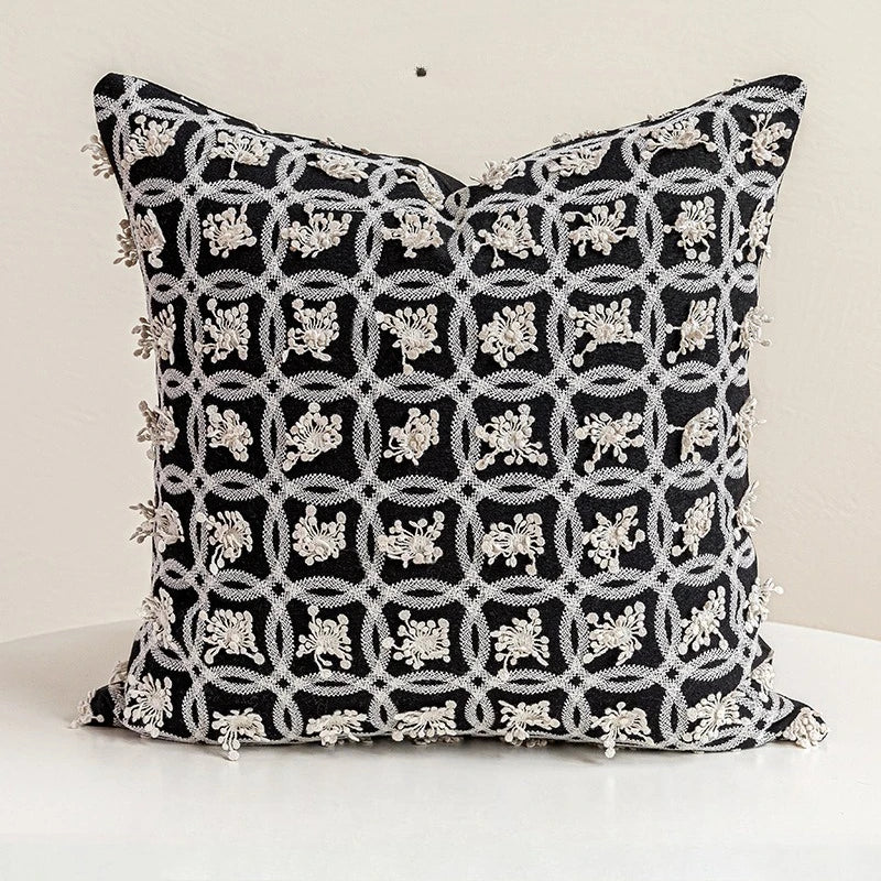 Housse de Coussin Brodée Motif Géométrique Abstrait Beige Noir