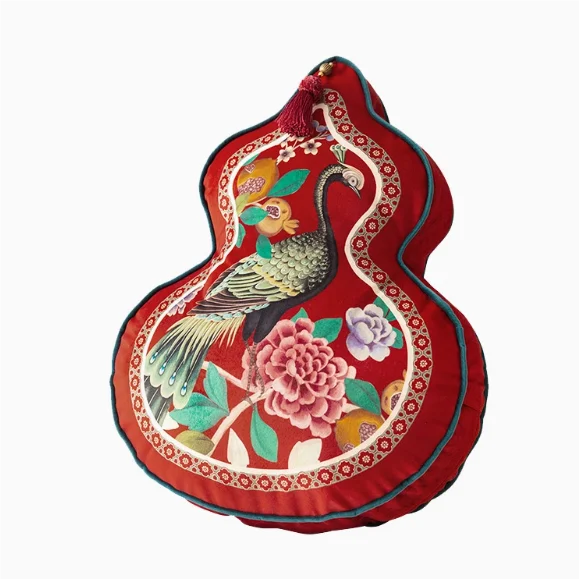 Coussin Décoratif Forme Gourde - Motif Floral et Oiseaux