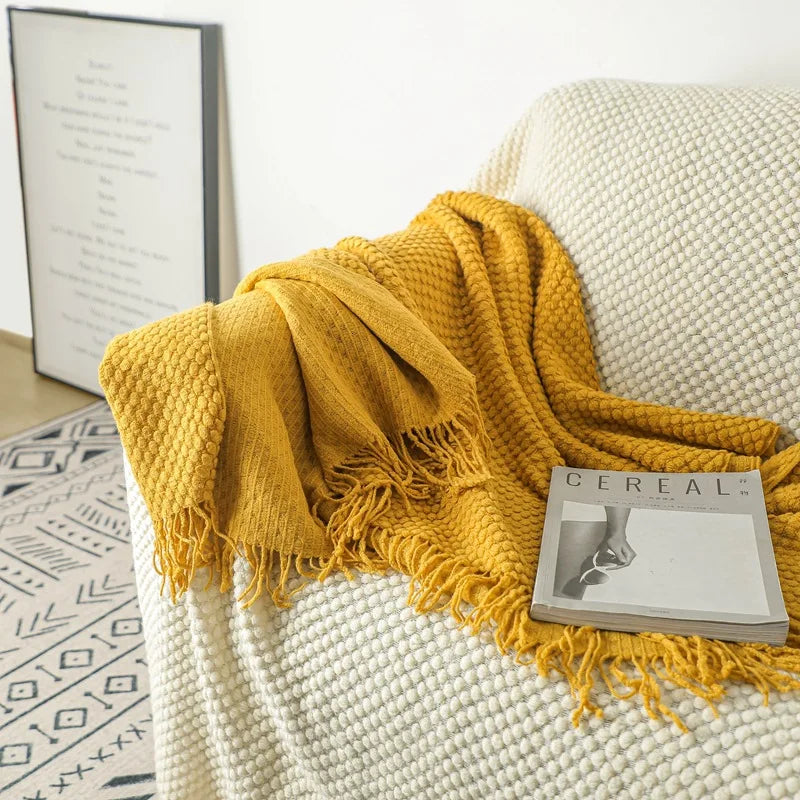 Plaid Tricoté Jaune Moutarde - Franges Bohèmes