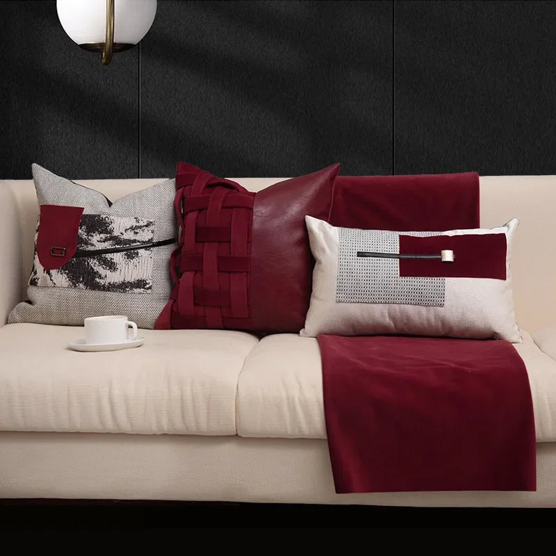Housse de Coussin Encre de Chine Style Rouge et Gris