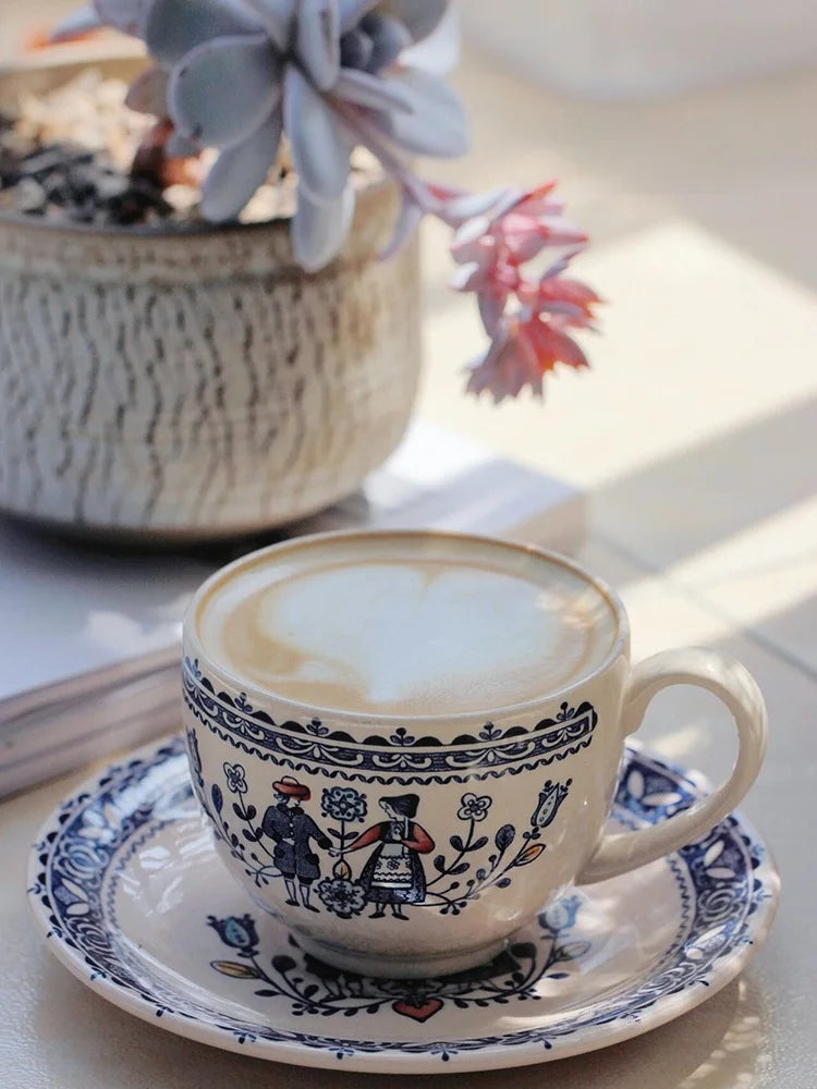Tasse à Café Peinte Main Motif Champêtre Rétro