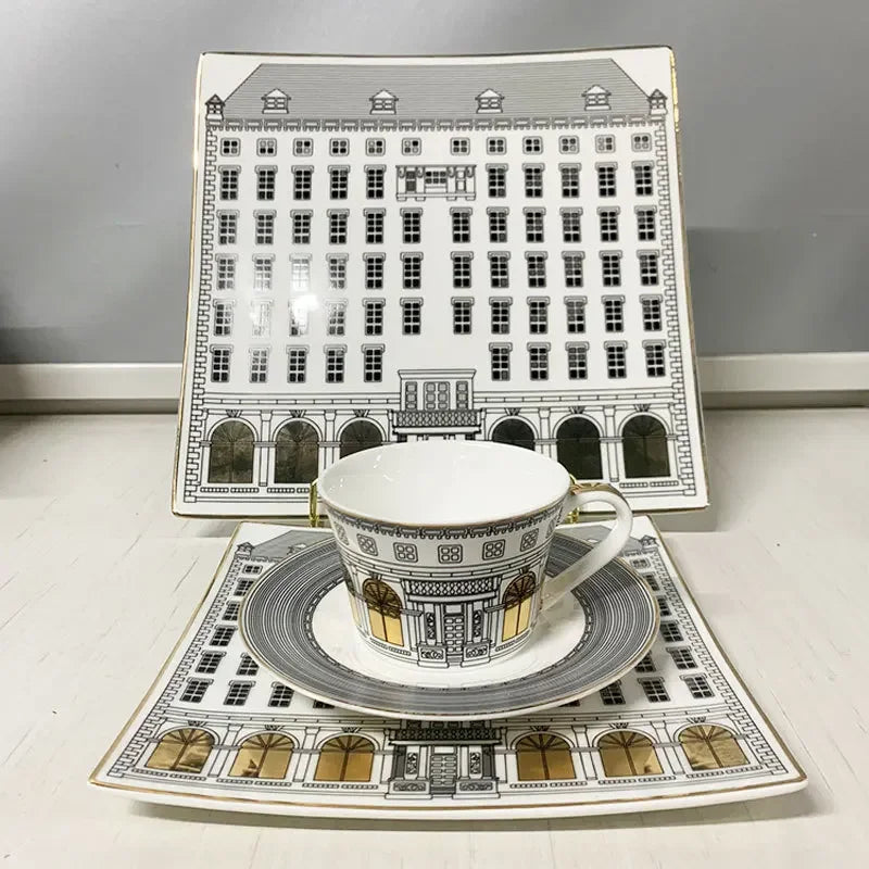 Tasse à Café Céramique Motif Architectural Noir et Blanc