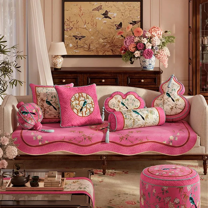 Coussin Décoratif Forme Gourde - Motif Floral et Oiseaux