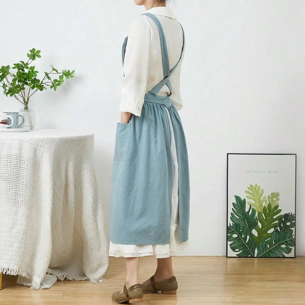 Tablier Robe Plissé Coton Lin Croisé Dans le Dos