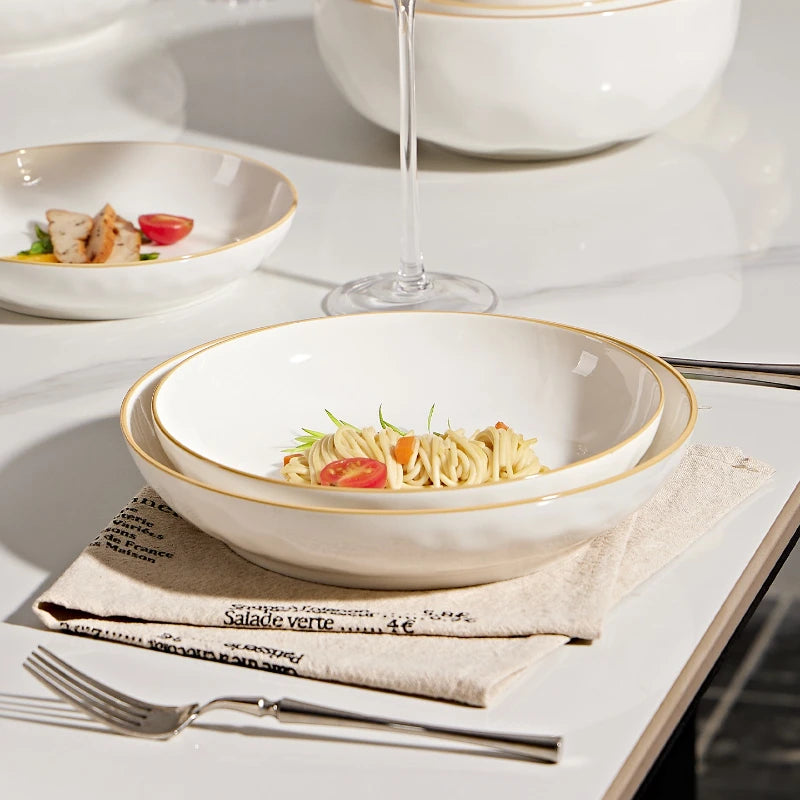 Service de Vaisselle Blanc Liseré Doré Style Coréen 8 Personnes