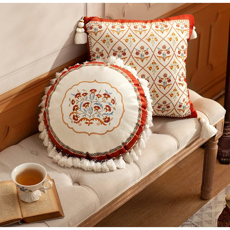 Housse de Coussin Lombaire Velours Rouge Brique Floral