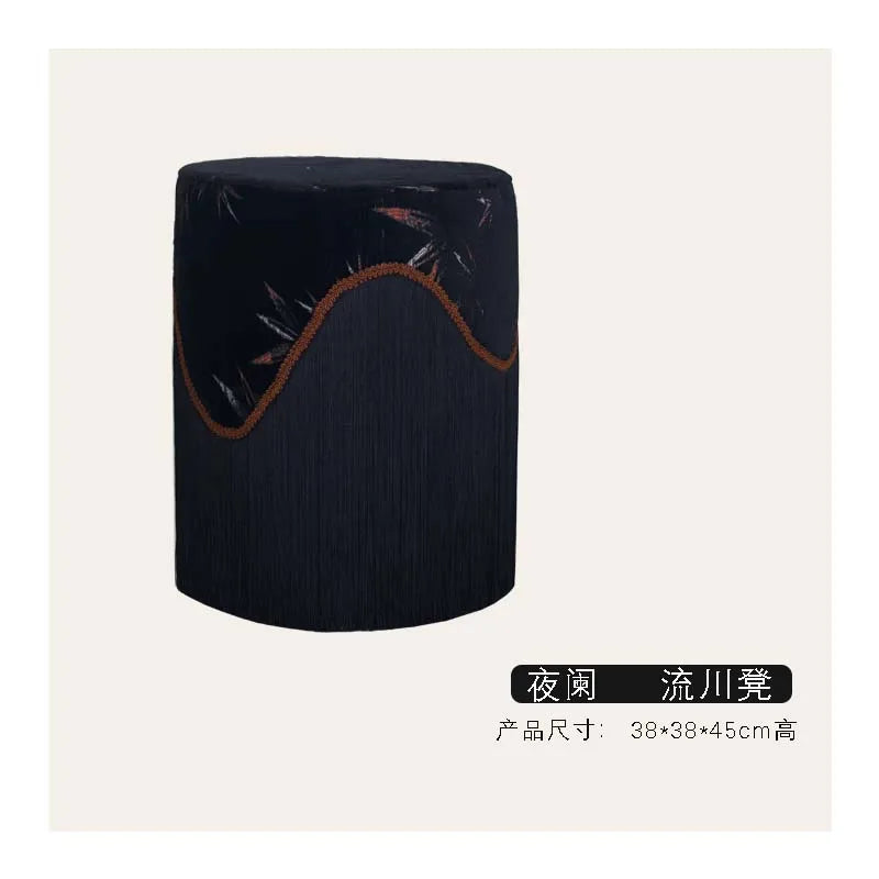 Tabouret Bas en Velours Frangé - Style Chinois Moderne