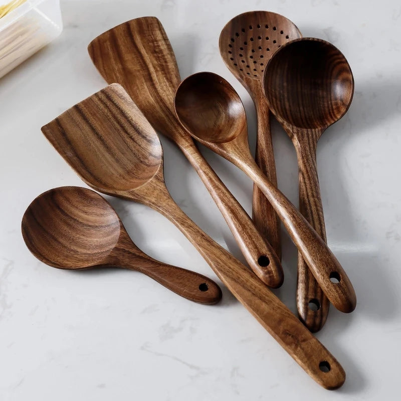 Set d'Ustensiles de Cuisine en Bois de Teck Naturel Thaïlandais