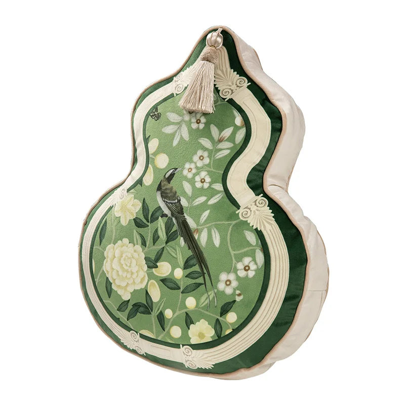 Coussin Décoratif Forme Gourde - Motif Floral et Oiseaux