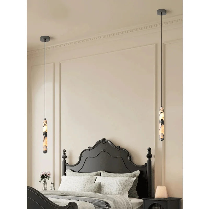 Suspension Luminaire Cylindre Pierre Naturelle Noire Haut de Gamme