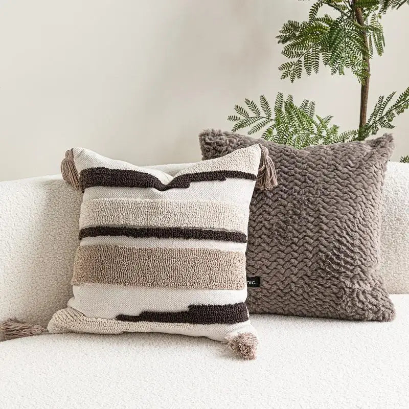 Housse de Coussin Beige Velours Bouclé Tricolore