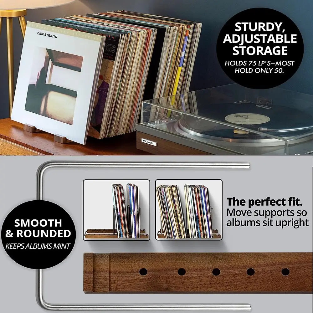 Porte-Vinyles en Bois Massif - Support Ajustable Vintage