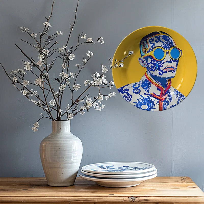 Assiette Décorative Céramique Jaune et Bleu Art Moderne