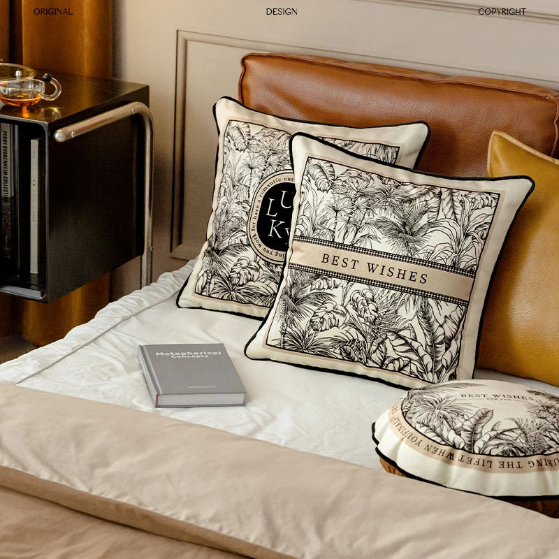 Housse de Coussin Florale en Velours - Style Rétro Noir et Blanc