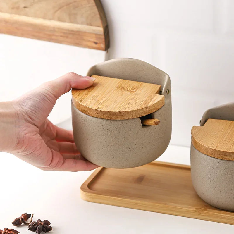 Pot à Épices en Céramique Couvercle Bambou avec Cuillère