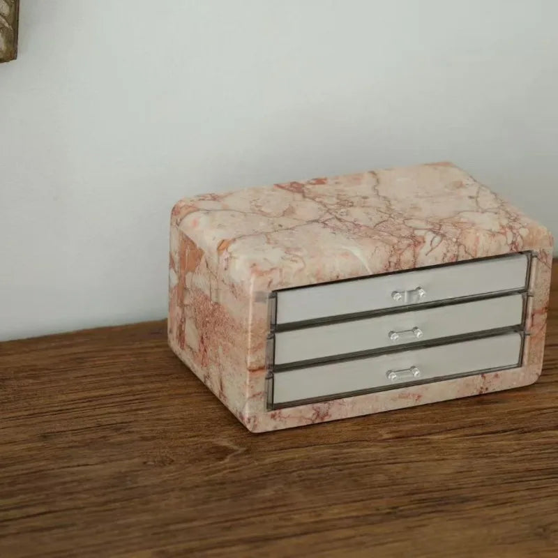 Boîte de Rangement en Marbre Onyx Rose Crème - 3 Niveaux