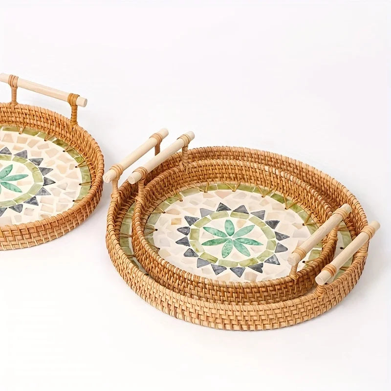 Plateau en Rotin Tressé Style Bohème Coquillages