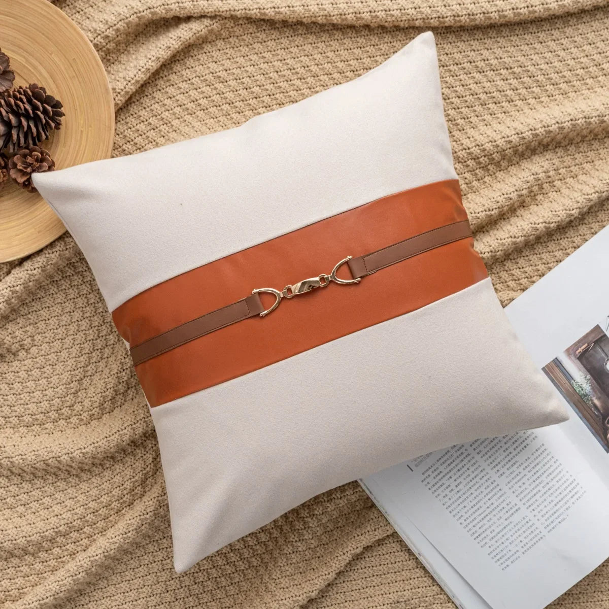 Housse de Coussin Simili Cuir Style Selle Coton Slub
