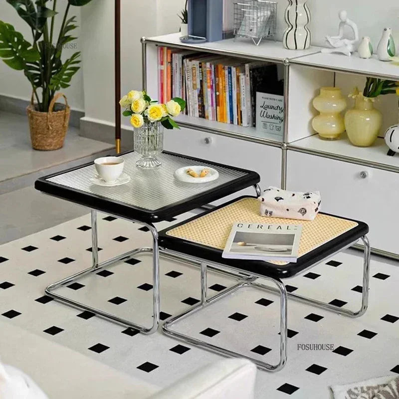 Table d'Appoint en Rotin Plateau Verre Style Rétro