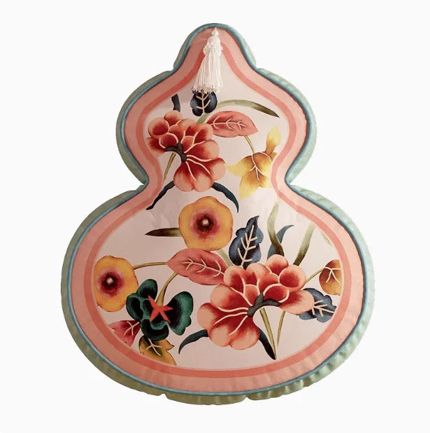 Coussin Décoratif Forme Gourde - Motif Floral et Oiseaux