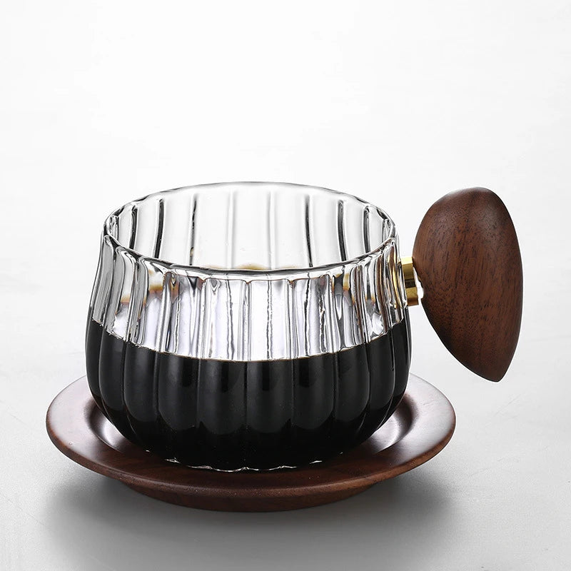 Tasse à Café Verre Rayé Résistant à la Chaleur Manche Bois