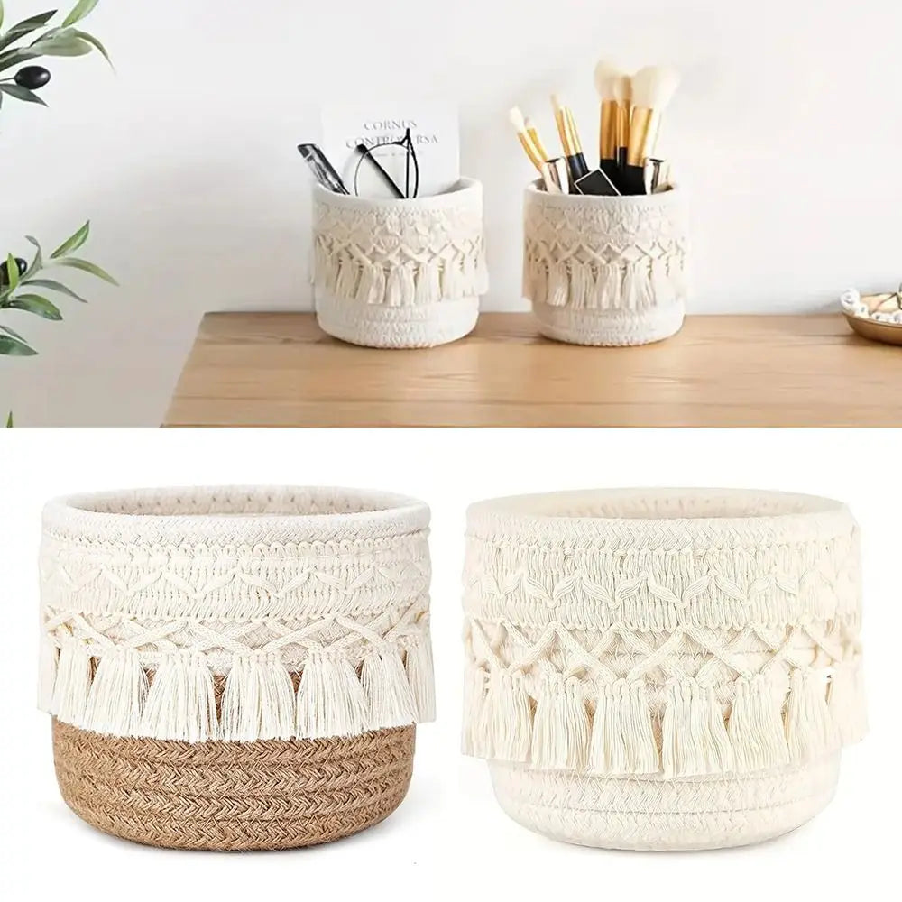 Panier de Rangement Tressé à Pompons - Corde de Coton