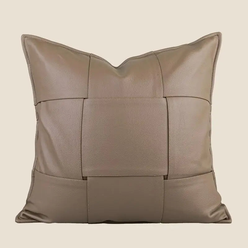 Housse de Coussin Café Simili Cuir Tweed Patchwork