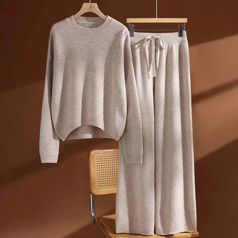Women's 100% Wool Set O-neck Pullover Wide Leg Pants Loose Thick Autumn Winter Solid Cashmere Sweater Knitwear Trousers Suit