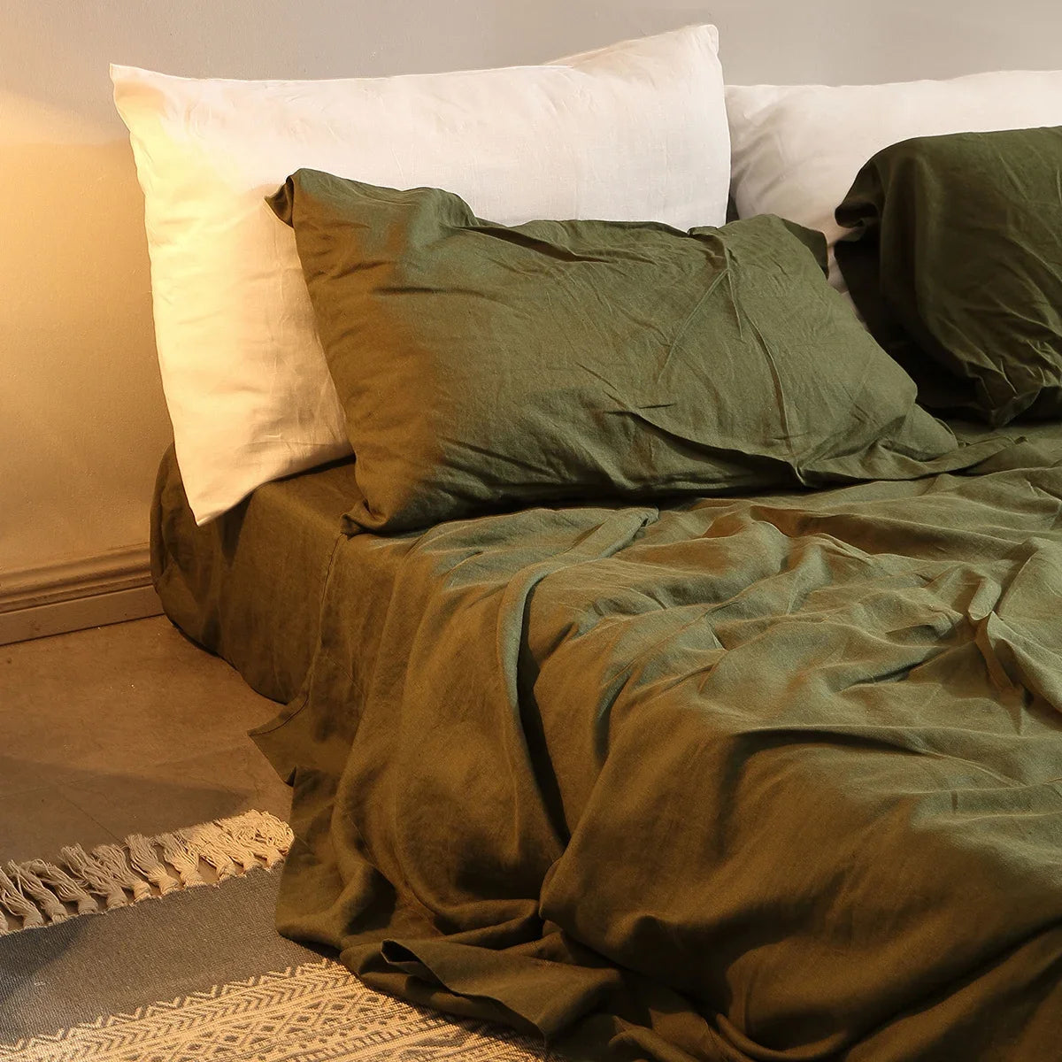 Parure de Lit 4 Pièces en Lin Pur - Drap Housse et Taies