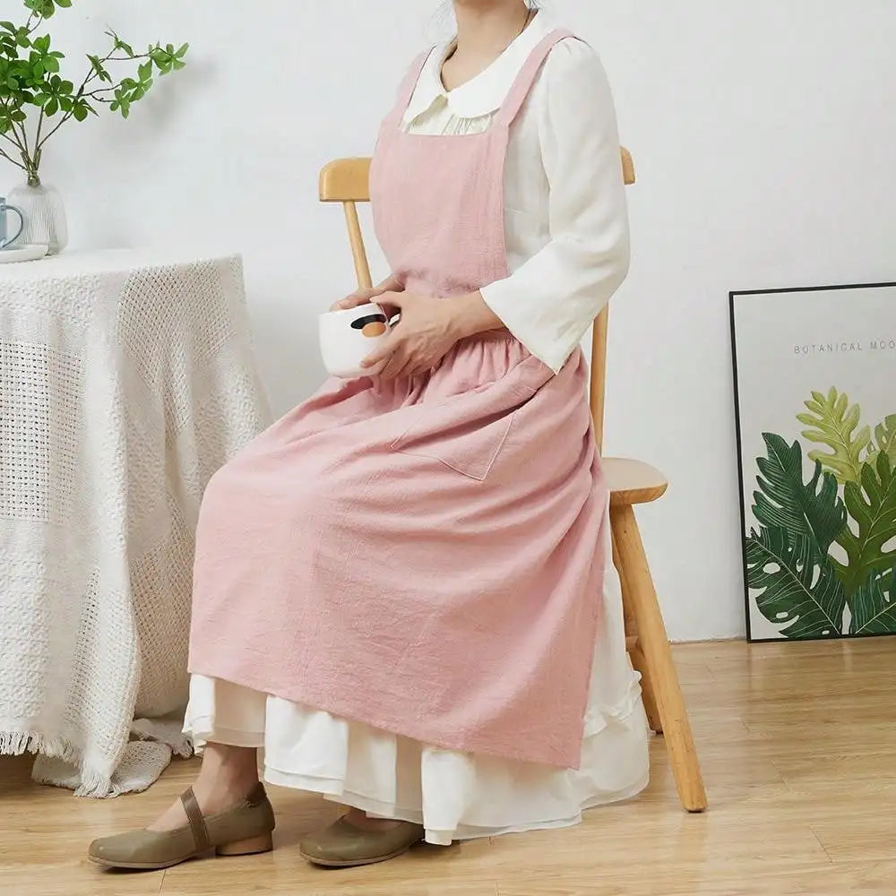 Tablier Robe Plissé Coton Lin Croisé Dans le Dos