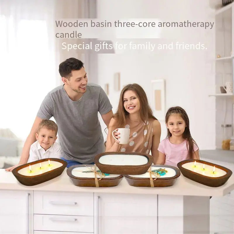 Bougie Parfumée Triple Mèche - Coupelle en Bois Naturel