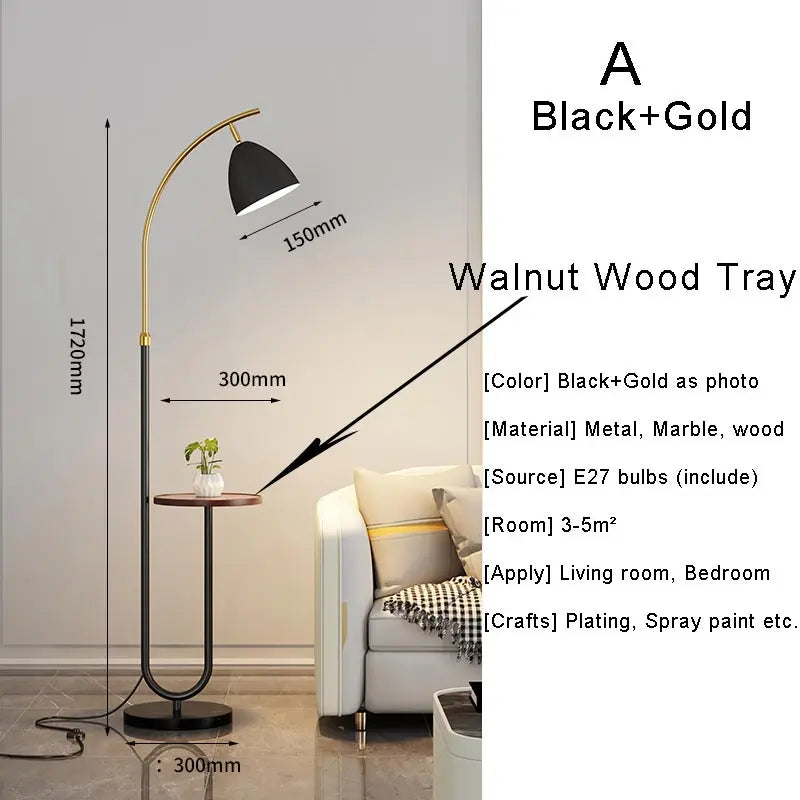 Lampadaire sur Pied Nordique - Abat-Jour Tissu Noir et Or