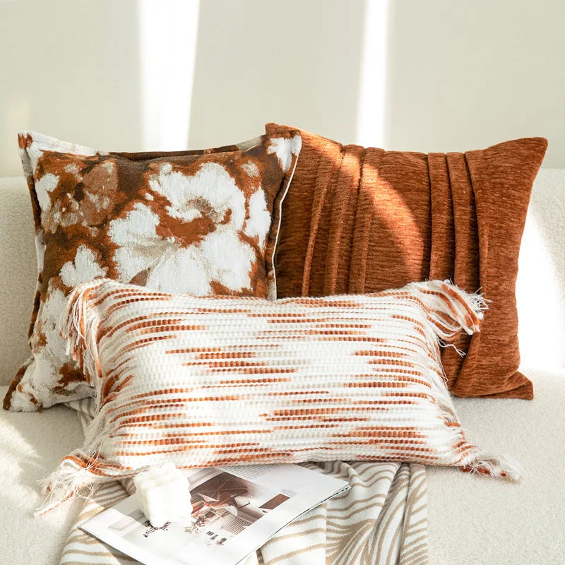 Housse de Coussin Orange Jacquard Motif Demi-Cercle
