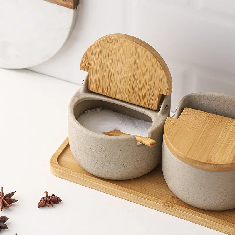 Pot à Épices en Céramique Couvercle Bambou avec Cuillère