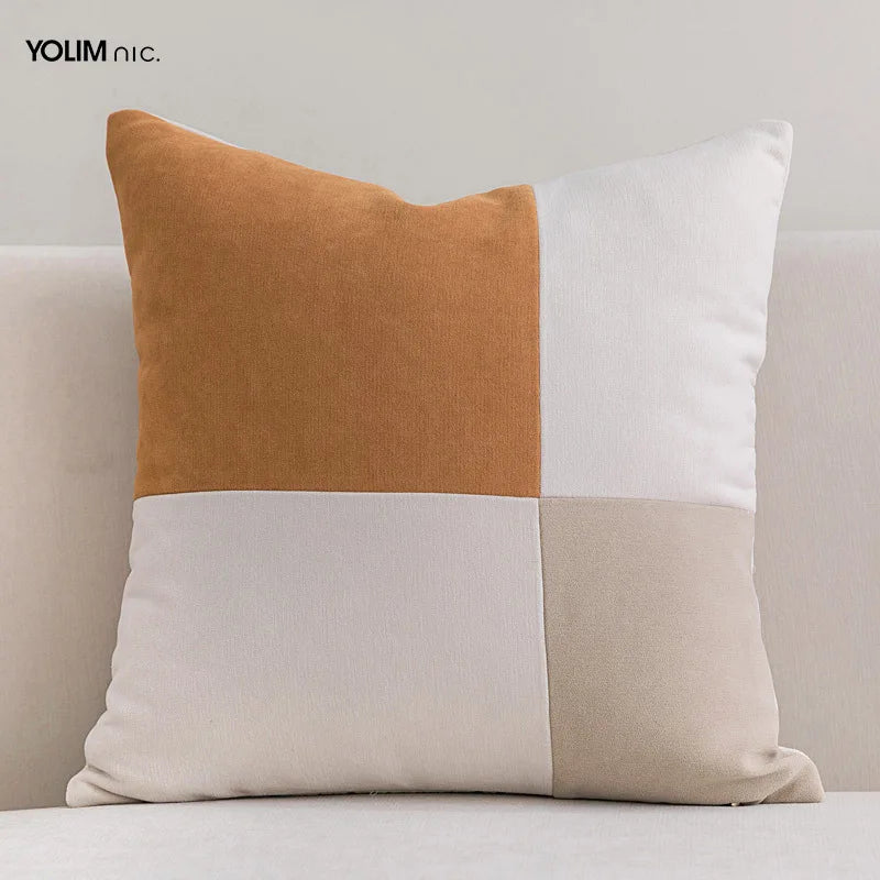 Housse de Coussin Beige Brun Patchwork Cuir Style Français