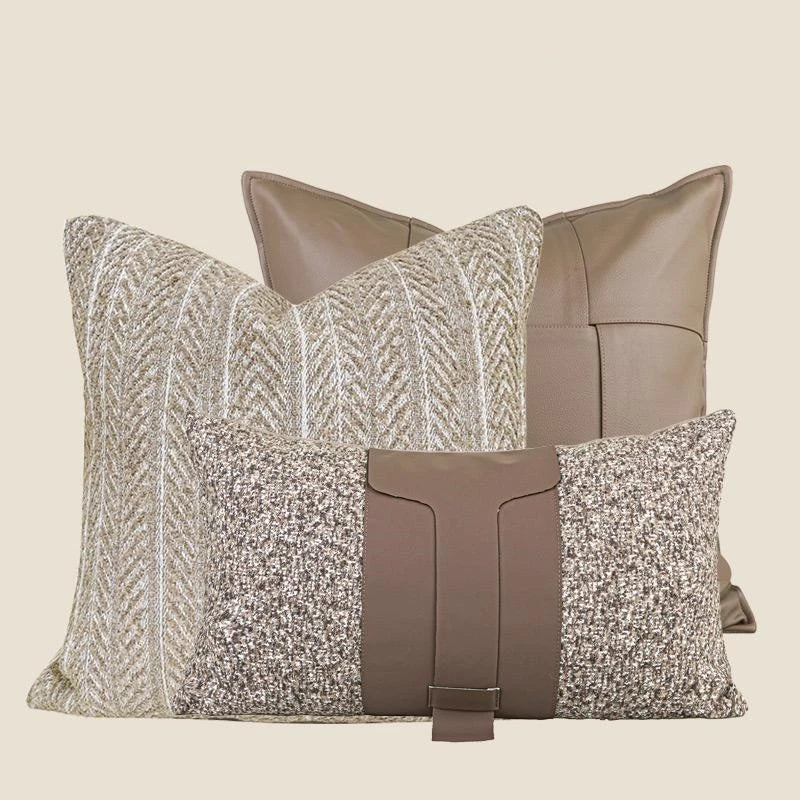 Housse de Coussin Café Simili Cuir Tweed Patchwork