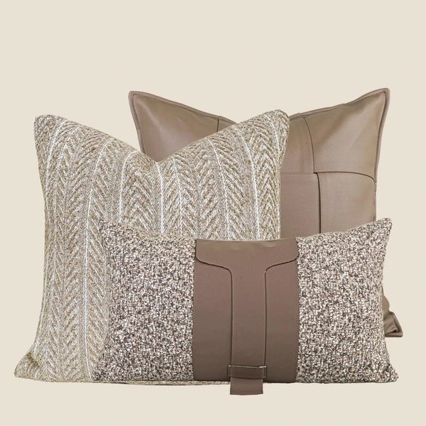 Housse de Coussin Café Simili Cuir Tweed Patchwork