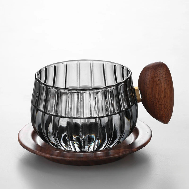 Tasse à Café Verre Rayé Résistant à la Chaleur Manche Bois