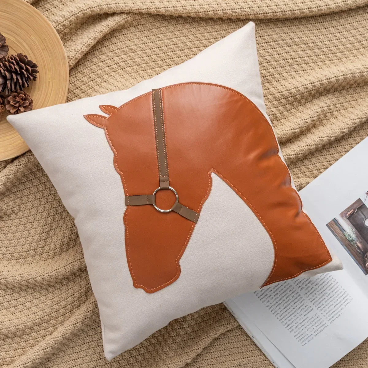 Housse de Coussin Simili Cuir Style Selle Coton Slub