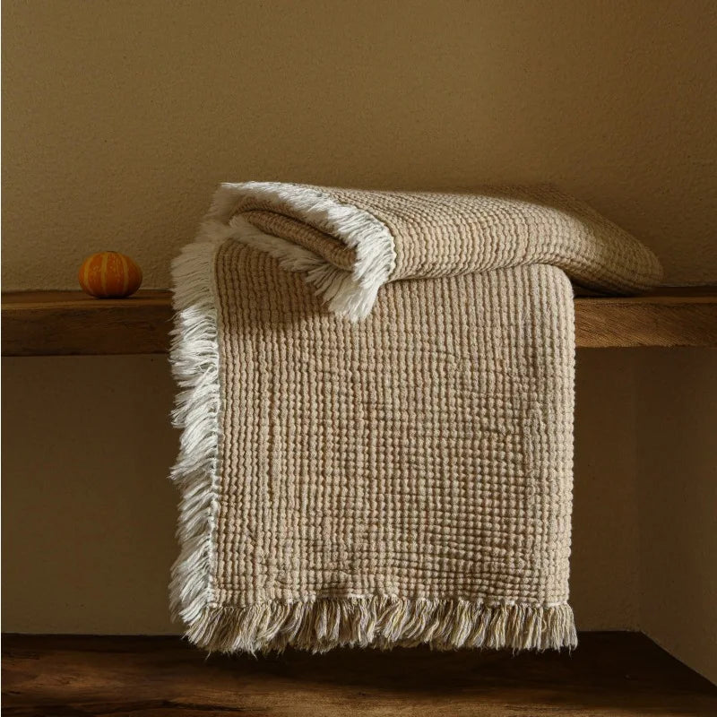 Couverture à Pompons en Coton et Lin