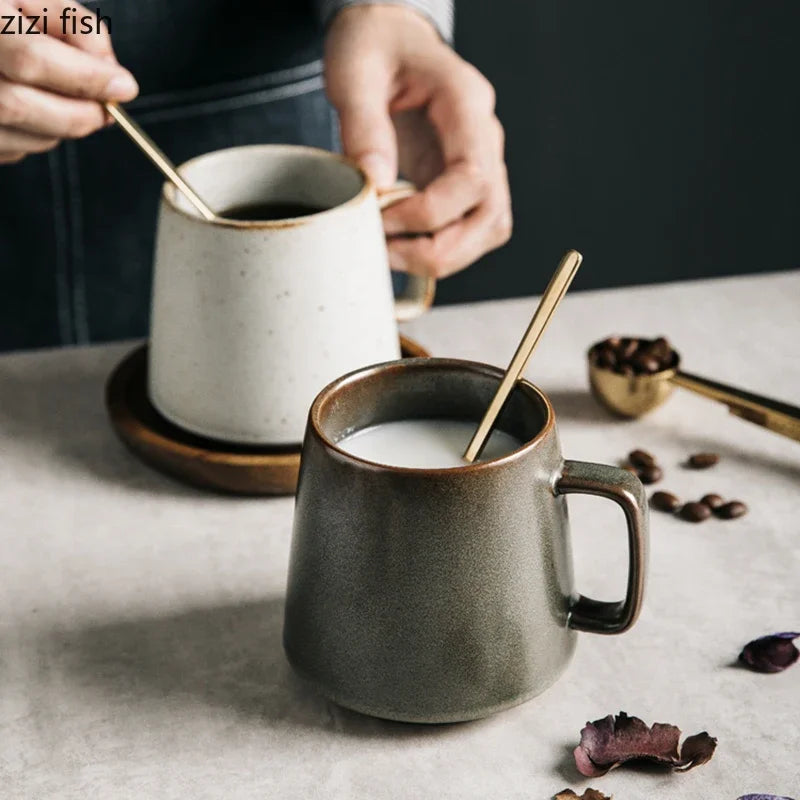 Tasse en Céramique Rétro avec Sous-Verre en Bois