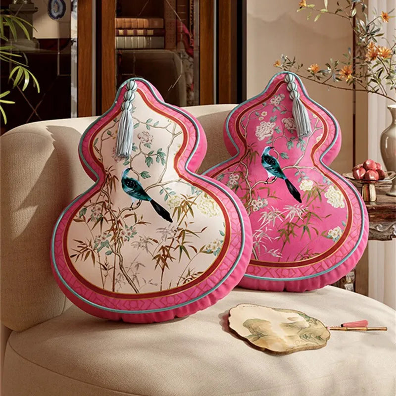 Coussin Décoratif Forme Gourde - Motif Floral et Oiseaux