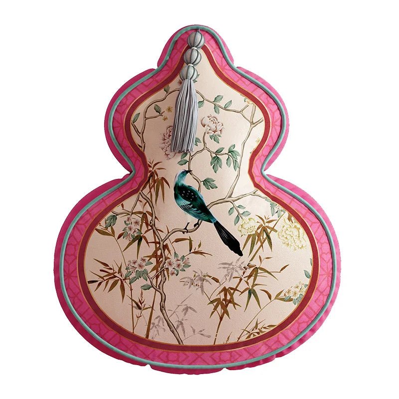 Coussin Décoratif Forme Gourde - Motif Floral et Oiseaux