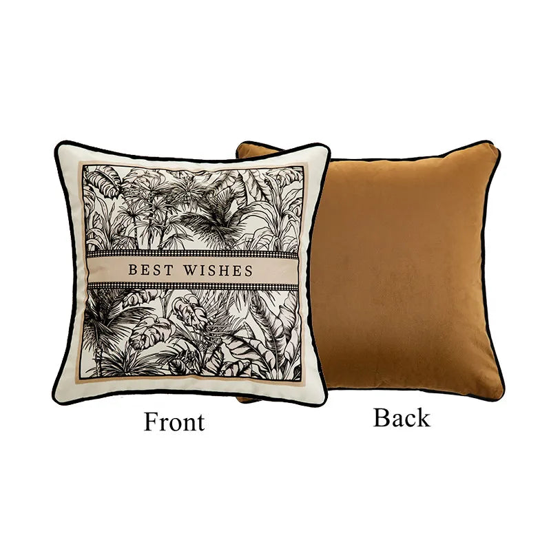 Housse de Coussin Florale en Velours - Style Rétro Noir et Blanc
