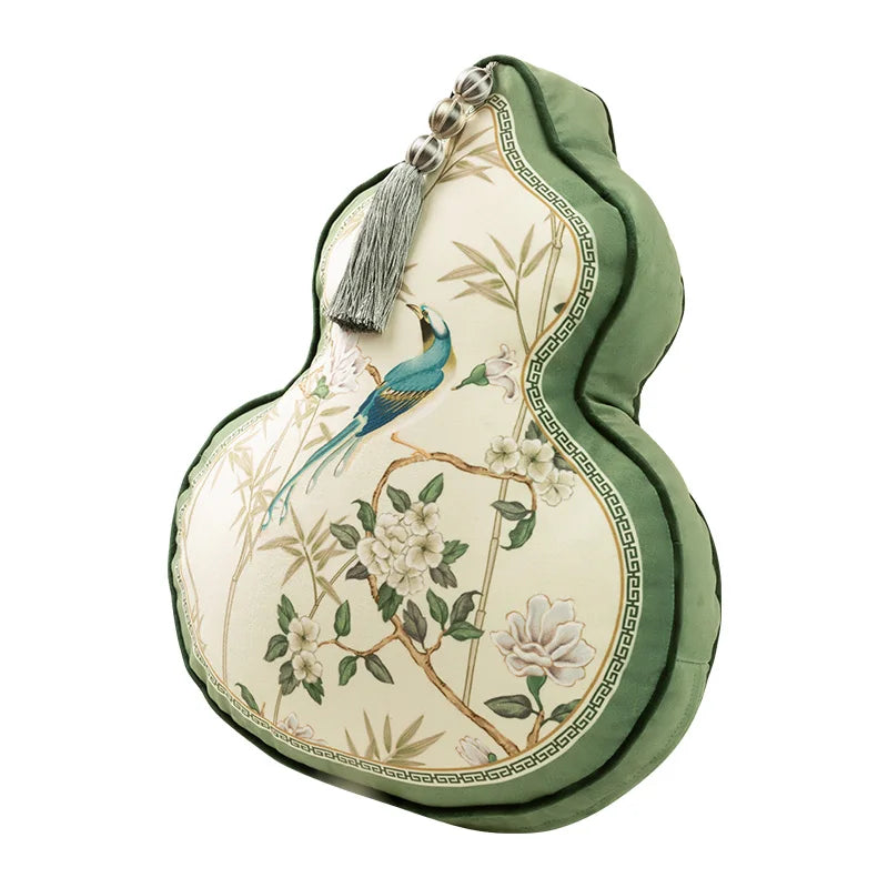 Coussin Décoratif Forme Gourde - Motif Floral et Oiseaux