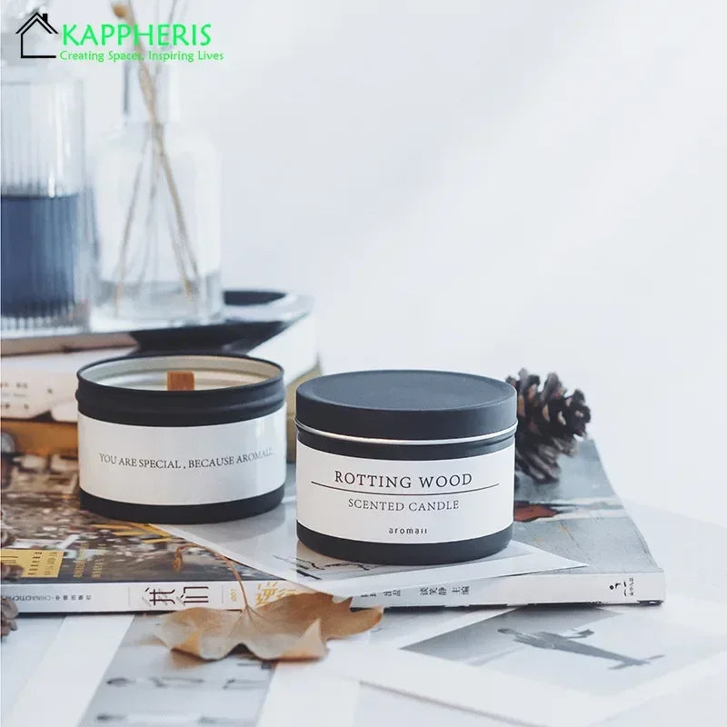 Bougie Parfumée Boîte Métal Noire Mèche Bois