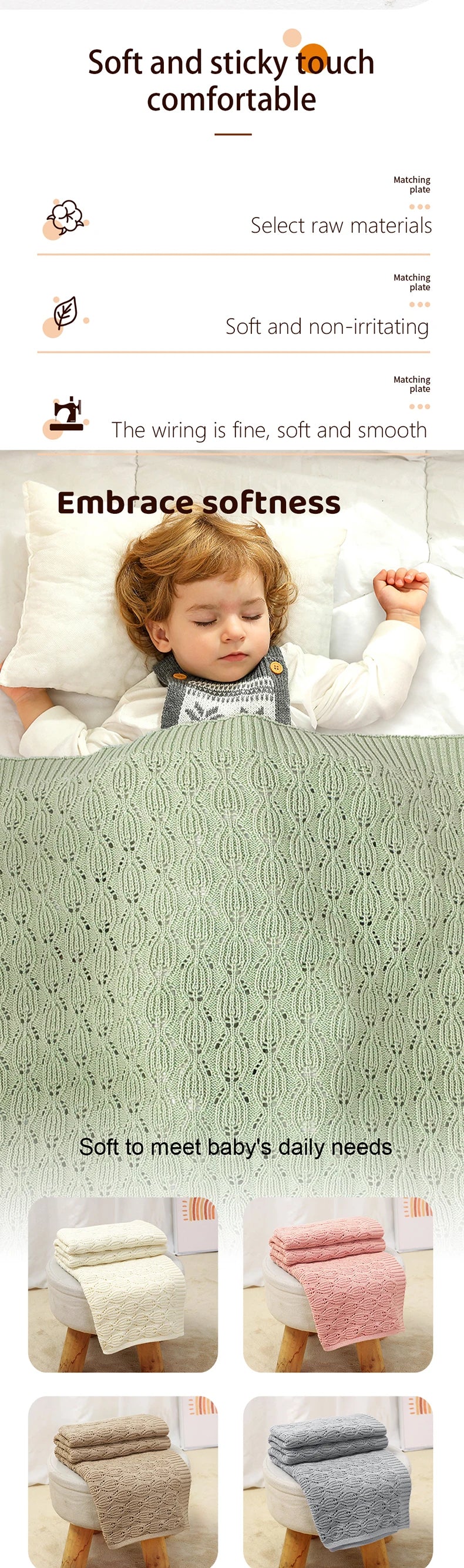 Couverture Bébé Tricotée Coton Unie 90x70cm